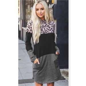 Color Block Hoodie Mini Dress NWT Leopard Patchwork Long Sleeve Casual
